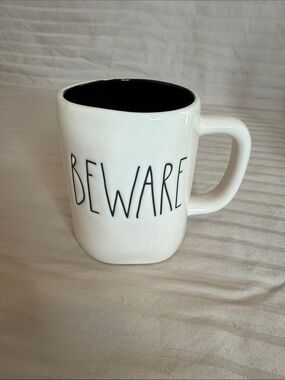 Rae Dunn White Mug with Black Interior - BEWARE
